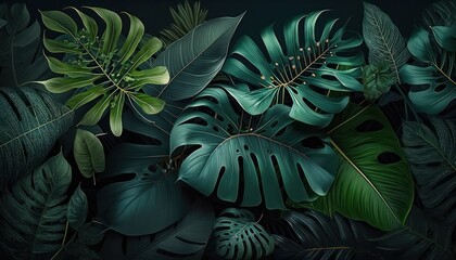 Tropical leaves background in deep dark colors with jungle leaves and plants generative ai