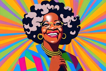 Fototapeta na wymiar Portrait elderly African American woman with curly hair, smiling. Pop art style with colorful background. Old, grandma, granny. Ai generative