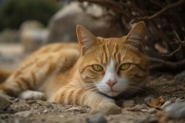Naklejka na ściany i meble Headshot of a cute orange tabby cat laying on its back in the beach in the Plakka woodland on the Greek island of Kos. Generative AI
