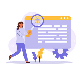 Woman search bug . Debugging firewall. Antivirus scanning. Malware fixing. Virus attack, trojan search, bugs detection. System protection. Threat diagnostic. Crash tester. Vector illustration