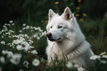 White husky dog; Siberian samojed. Generative AI - obrazy, fototapety, plakaty