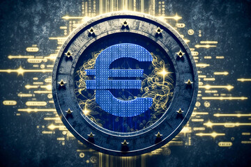 Blue euro sign on the golden matrix background. Generative AI