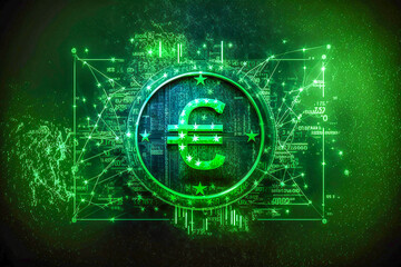Euro sign on the green matrix background. Generative AI