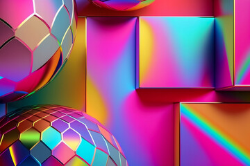 Neon colorblock background containing of different shape elements. Generative AI