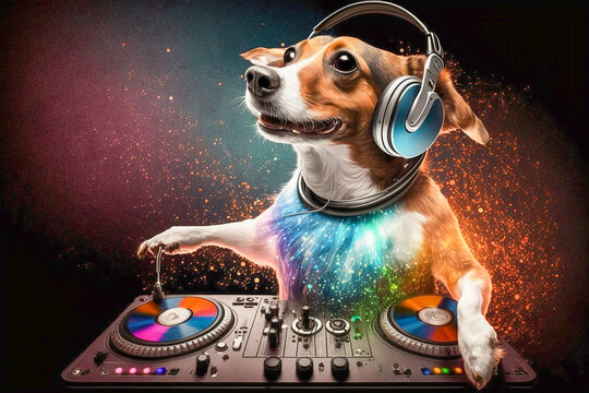 DJ dog mixing music in a night club. Generative AI Stock