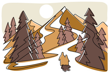 Illustration of the landscape. Sunset in the mountains.
