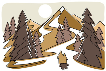 Illustration of the landscape. Sunset in the mountains.