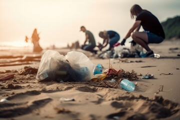 Freiwillige Aktivisten sammeln Plastikmüll am Strand auf - Generative AI - obrazy, fototapety, plakaty