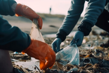 Menschen sammeln Plastikmüll am Strand auf - Generative AI - obrazy, fototapety, plakaty