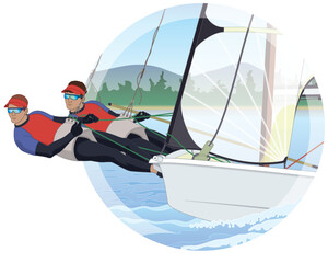 sailing two male crew leaning out in a 49er dinghy sailboat with water and sky background in circle