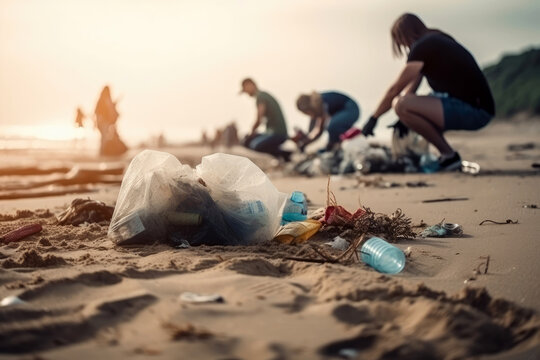 Freiwillige Aktivisten sammeln Plastikm&uuml;ll am Strand auf - Generative AI