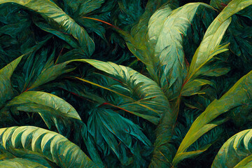A belt of exotic tropical vegetation pattern, stunning  continuous dark green background, seamless wallpaper, generative ai