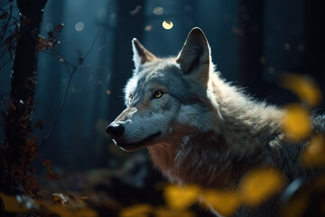 Wolf in the night forest, ethereal atmosphere, Generative Ai