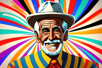 Portrait old man with white hair, smiling. Pop art style with colorful background. Old, grandpa, gramps, gramp. Ai generative