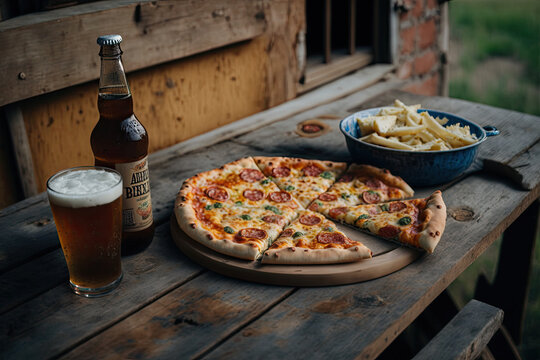  pizza and beer on a wooden bench,generative artificial intelligence