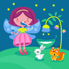 Cute little fairy brushes teeth. Scene for design. Cartoon characters with flowers and animals. Magic fairyland. Vector illustration.