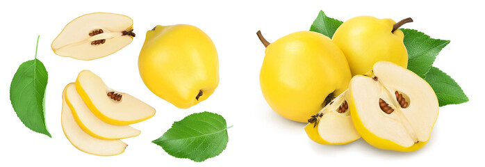 Fresh quince with slices isolated on the white background with full depth of field. Top view. Flat...