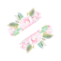 Beautiful and romantic watercolor floral frame with painted pink peonies and place for text. Vector flowers template for wedding invitation card, birthday, holidays.  Design element  