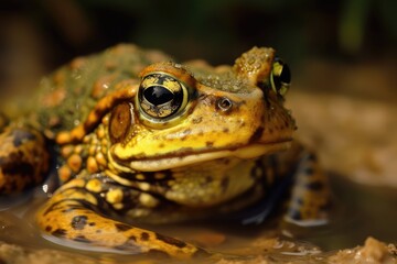 The macro or up close image shows a toad or frog sitting in the pound among the algae in green, yellow, and brown. Generative AI