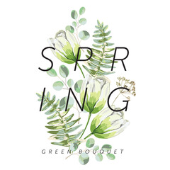 Spring green tulip flowers, fern, leaves, white background. Print for t shirt, poster with text. Vector illustration. Floral arrangement. Design template greeting card