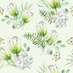 Spring green flowers and leaves bouquets, light background. Floral illustration. Tulips, fern, greenery. Vector seamless pattern. Botanical design. Nature plants. Romantic wedding - 582562263