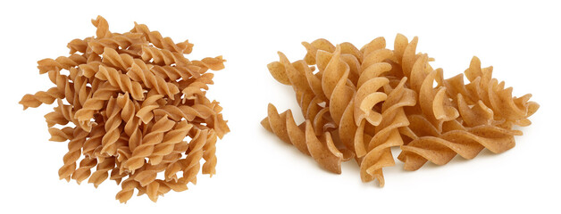 Wolegrain fusilli pasta from durum wheat isolated on white background with  full depth of field....