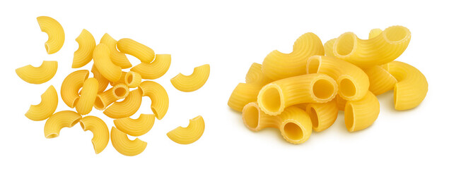 raw macaroni pasta isolated on white background with  full depth of field. Top view. Flat lay