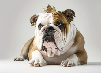 Obraz premium english bulldog with a golden crown on a white background Generative AI
