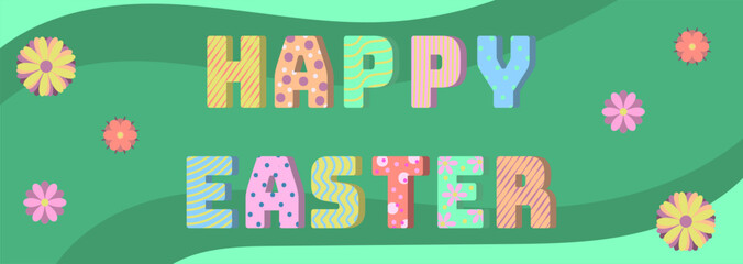 Fototapeta premium Happy Easter banner with cartoon stylized letters on green background of waves and flowers in doodle style. Template for simple design to congratulate, greeting card, poster, greeting card, flyer. 