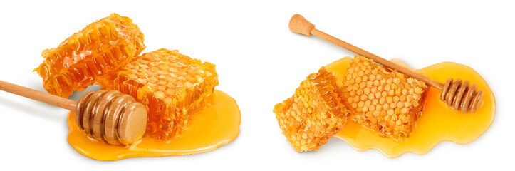 Honeycombs and honey puddle with wooden stick isolated on white background with  full depth of field. Top view. Flat lay