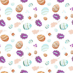 Seamless Easter background pattern with eggs and meadow flowers on white background. Hand-drawn in cartoon style. Design for printing fabric, wallpaper, background, cover, wrapping paper, packaging, 