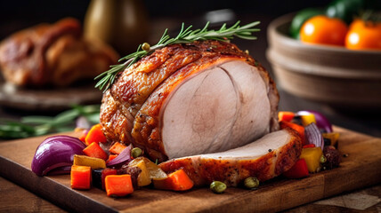 Perfectly roasted pork with an array of vibrant veggies for a hearty and satisfying meal.