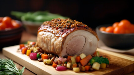 Mouthwatering baked pork and a colorful medley of vegetables plated and ready to enjoy.