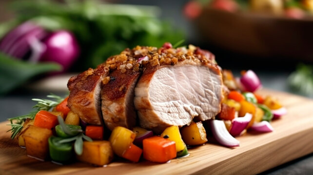 Succulent pork roast with fresh, healthy vegetables for a delicious and nutritious dinner.