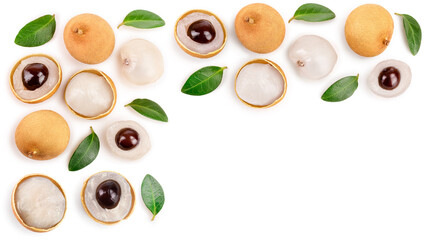 Fresh longan fruit with leaves isolated on white background. Top view. Flat lay