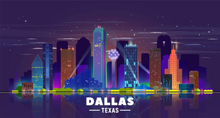 Dallas Texas (US) night city skyline. Vector Illustration. Business travel and tourism concept with modern buildings. Image for banner or web site.