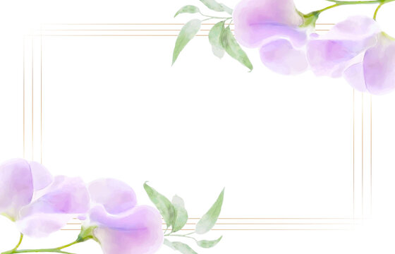 elegant watercolor flower frame gold with purple flowers and green frame. Wedding design template, wedding, birthday, invitation and greeting card, banner, background. Hand drawing vector image. 