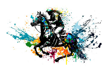 Fototapeta na wymiar Race horse with jockey on watercolor splatter background. Neural network AI generated art