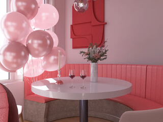 Cafe interior with flowers, 3d render, 3d illustration