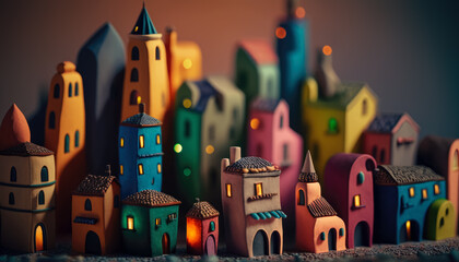 A miniature town made of colorful clay. Generative AI.