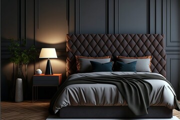 Obraz premium Wide Angle View of a Stylish and Elegant Bedroom with Minimal Bedding. Dark concept