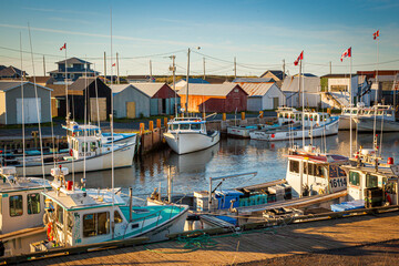 Docked fishing boats in North Lake Harbor at dawn on Prince Edward Island Canada - obrazy, fototapety, plakaty