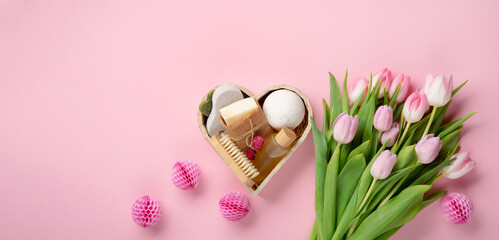 Natural Eco Friendly Home Spa Products on Pink Background.