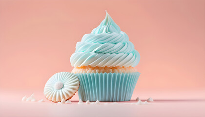 Blue cupcake on a pink background, illustration ai generative