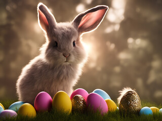 spring easter eggs background with easter bunnies