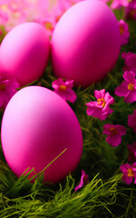 Obraz na płótnie Canvas Easter pink chicken eggs with spring flowers