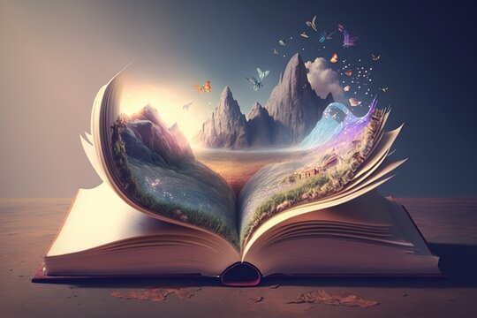 illustration, book that has been left open on a fantastic tale page, generative ai