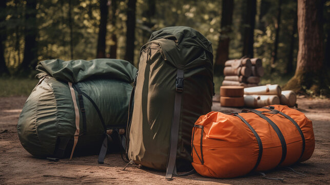 Travel bags in front of a camping tent, hiking equipment. Generative AI.