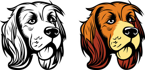 The vector dog head illustration displays a dog head image with a vector style consisting of lines and geometric shapes.