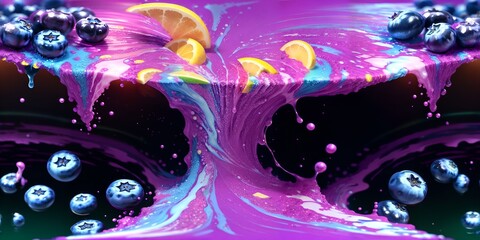 An abstract painting of blueberries and lemons on a purple background